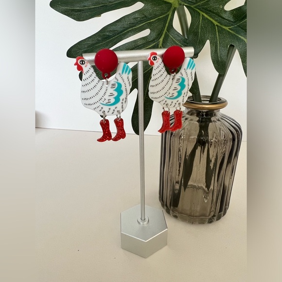 1970's Inspired Chicken in Boots Dangle Earrings - Colorful Retro Drop Earrings - Picture 6 of 14